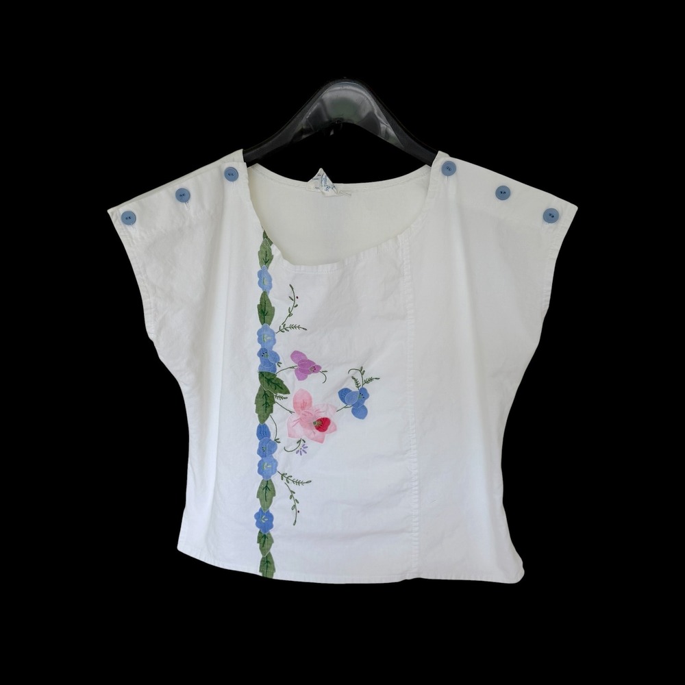 Vintage Dragon Fly Laguna Beach Embroidered Floral Button‎ Shoulder Cotton Top M